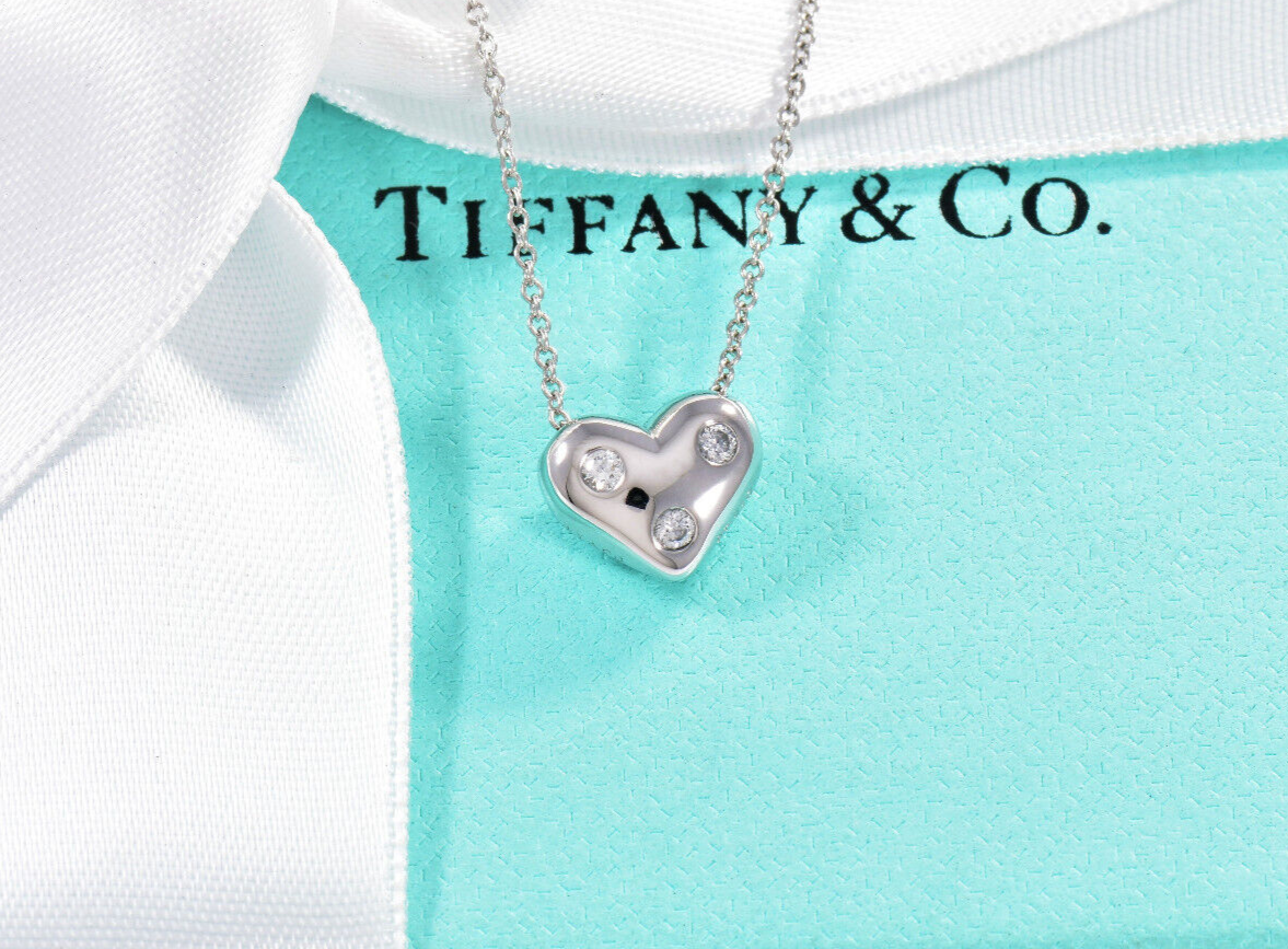 Tiffany & Co Diamond Platinum Etoile Heart Pendant 17" Necklace & Box Pouch Rare