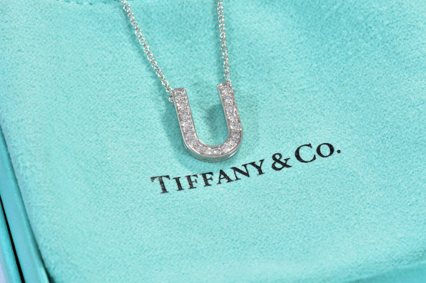 Tiffany & Co Platinum Diamond Large Letter U Pendant 16.5" Necklace In Box Pouch