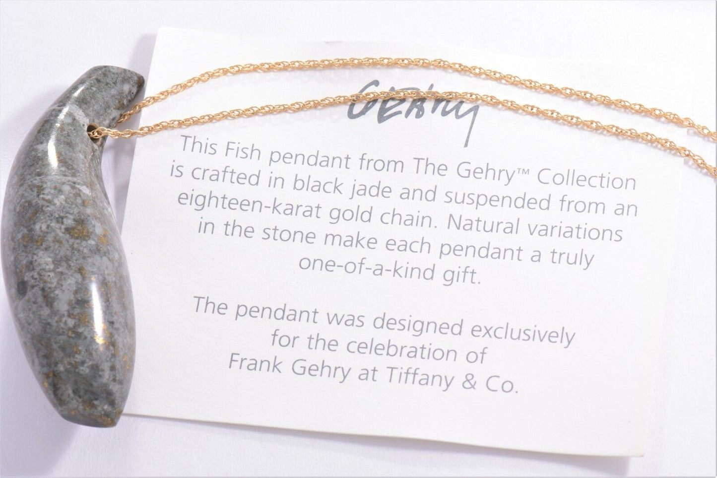 Tiffany & Co Frank Gehry Huge Jade Fish Pendant 18K Gold Chain Necklace Boxed