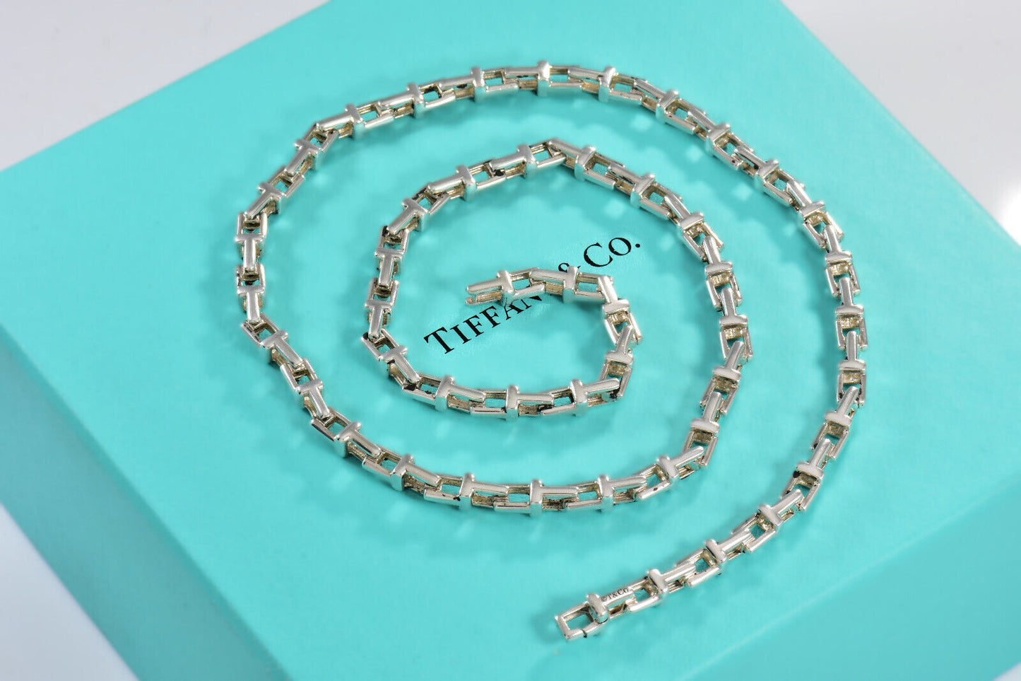 Tiffany & Co Silver Narrow Small T Square Link 20" Necklace in Box Pouch Rare