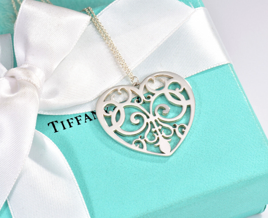 Tiffany & Co Silver Huge 1.25" Enchant Scroll Heart Pendant 30" Necklace & Pouch