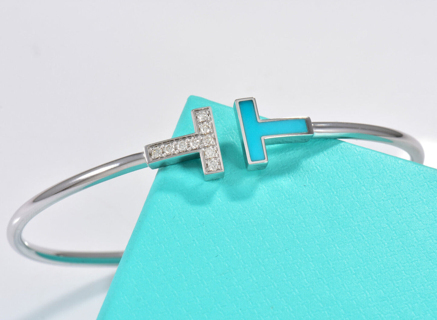 Tiffany & Co Diamond 18K White Gold Blue Turquoise T Wire Large Bracelet in Box