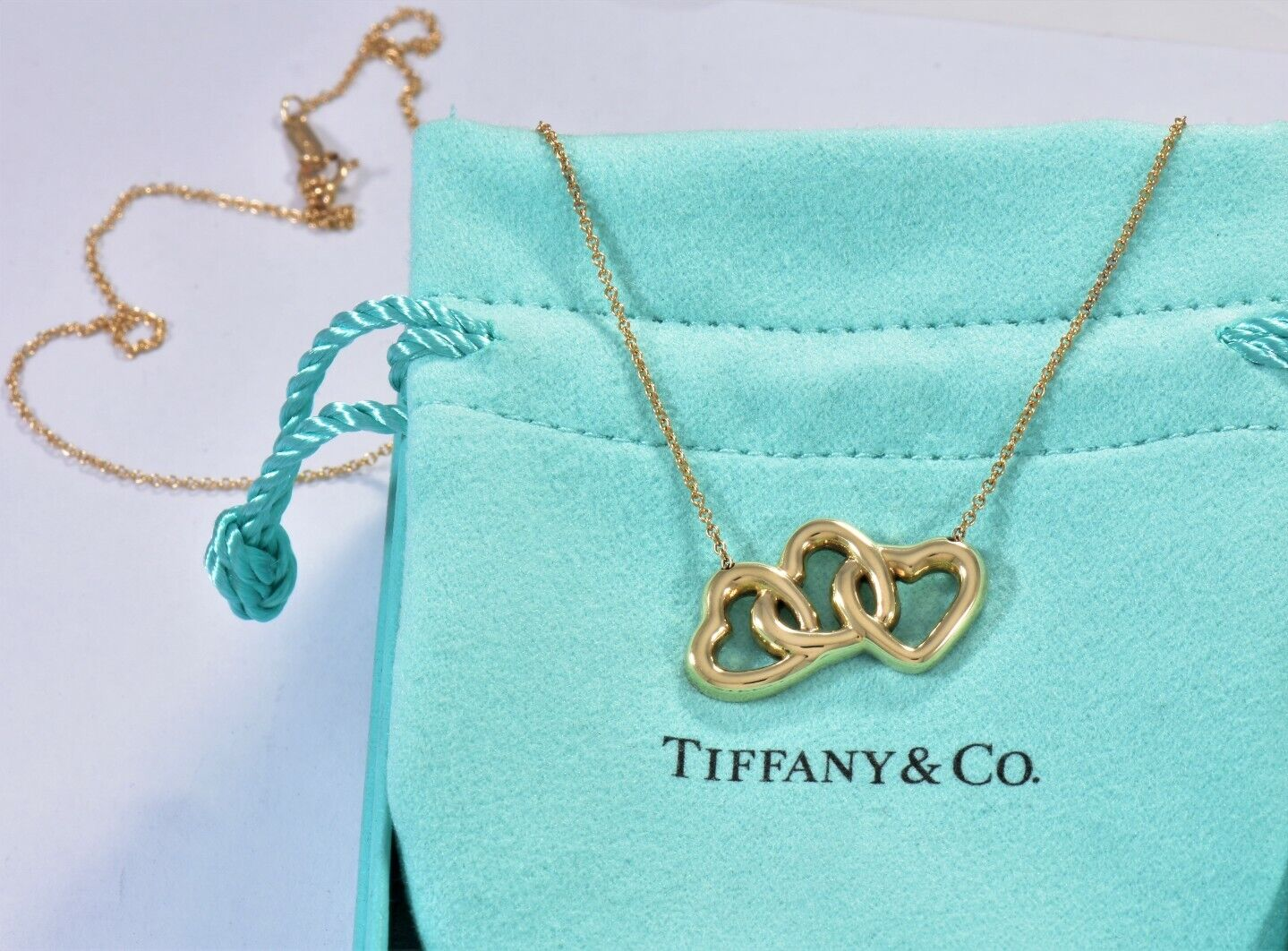 Tiffany & Co 18K Yellow Gold Three Heart Pendant 19" Love Necklace in Box Pouch