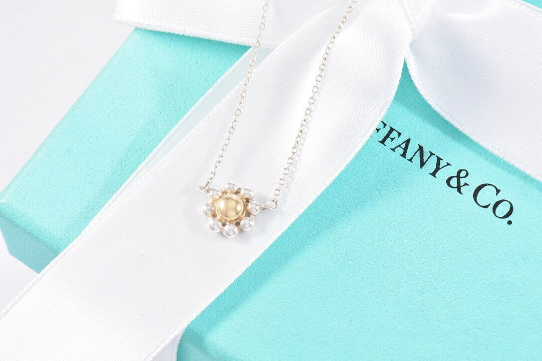 Tiffany & Co Gold Silver Jolie Bead Flower Pendant 16.75" Necklace in Pouch Rare