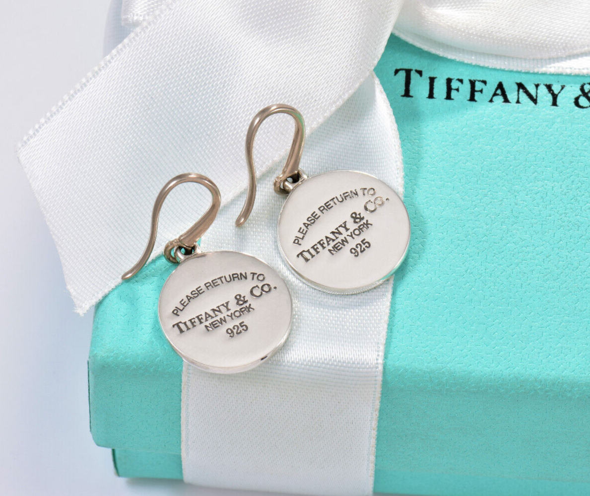 Please Return To Tiffany & Co Silver Round Disk Circle Hook Earrings & Box Pouch