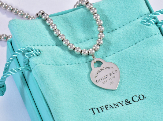 Please Return To Tiffany & Co Silver Heart Pendant 16" Beaded Necklace in Pouch