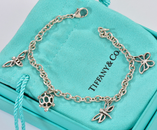 Tiffany & Co Silver Butterfly Turtle Dragonfly Bee Charm 7.7" Chain Bracelet