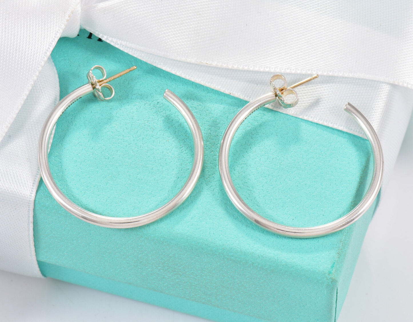 Tiffany & Co Silver 1.25" Large Narrow Tube Hoop Earrings in Box Rare 31mm Bar