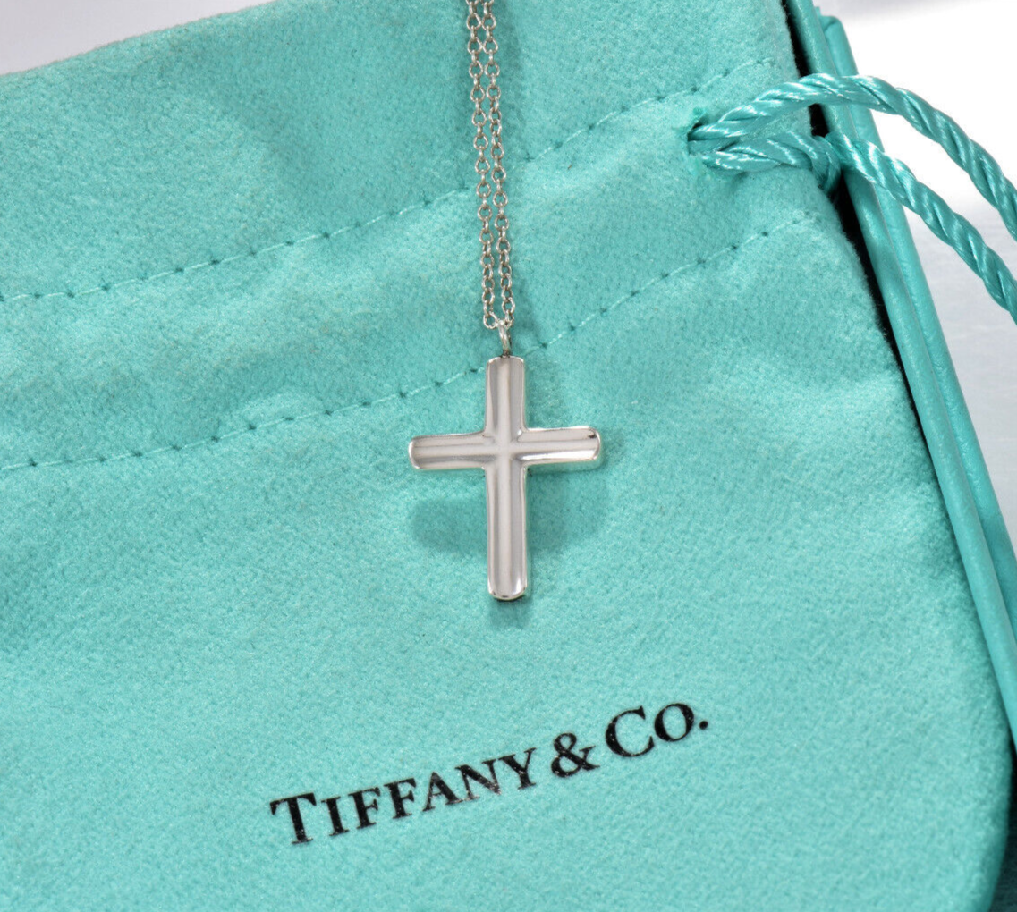 Tiffany & Co Silver 10mm Concave Cross Pendant 16.5" Chain Necklace in Box Pouch