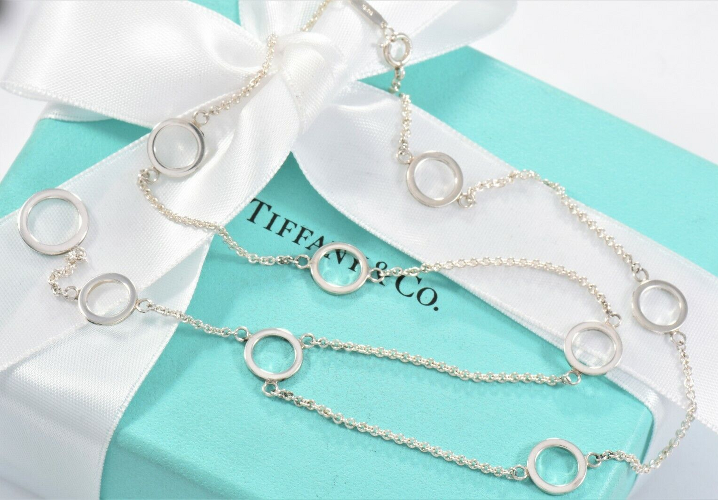 Tiffany & Co Sterling Silver Ring Circles Chain Link Lariat Necklace & Box Pouch