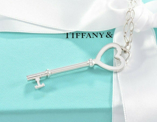 Tiffany & Co Silver Large 2" Heart Key Charm Pendant 18" Oval Chain Necklace