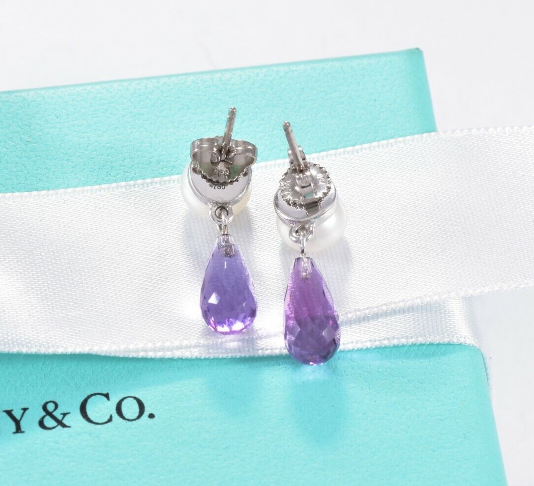 Tiffany & Co Amethyst 18K White Gold Pearl Drop Earrings Box Pouch Rare Dangling