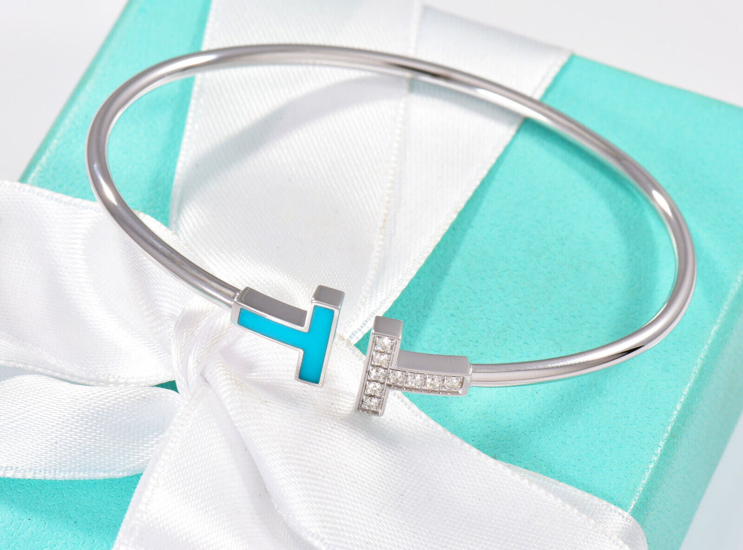 Tiffany & Co Diamond 18K White Gold Blue Turquoise T Wire Large Bracelet in Box