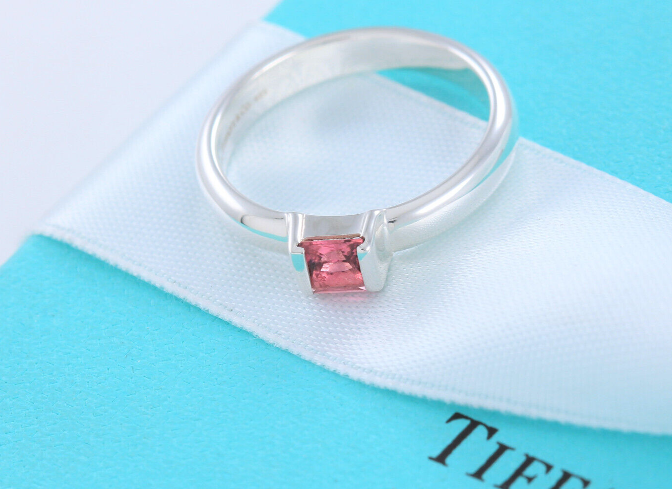 Tiffany & Co Sterling Silver Pink Tourmaline Square Stack Band Ring Size 8 Rare