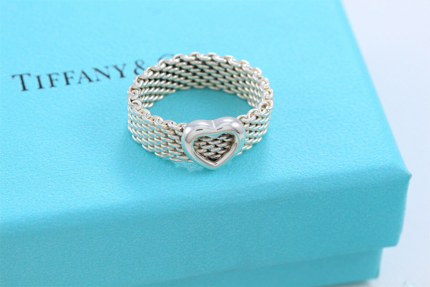 Tiffany & Co Sterling Silver Heart Mesh Love Ring Size 12 and Pouch Rare Lovely