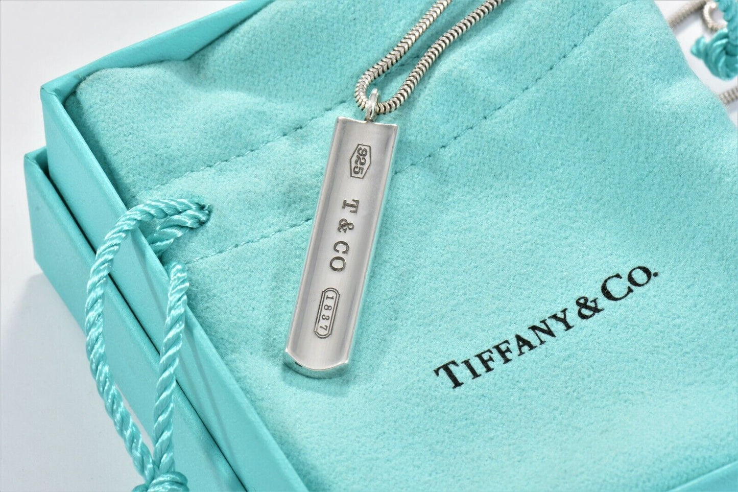 Tiffany & Co Sterling Silver 1837 Bar Pendant 18" Snake Chain Necklace in Pouch