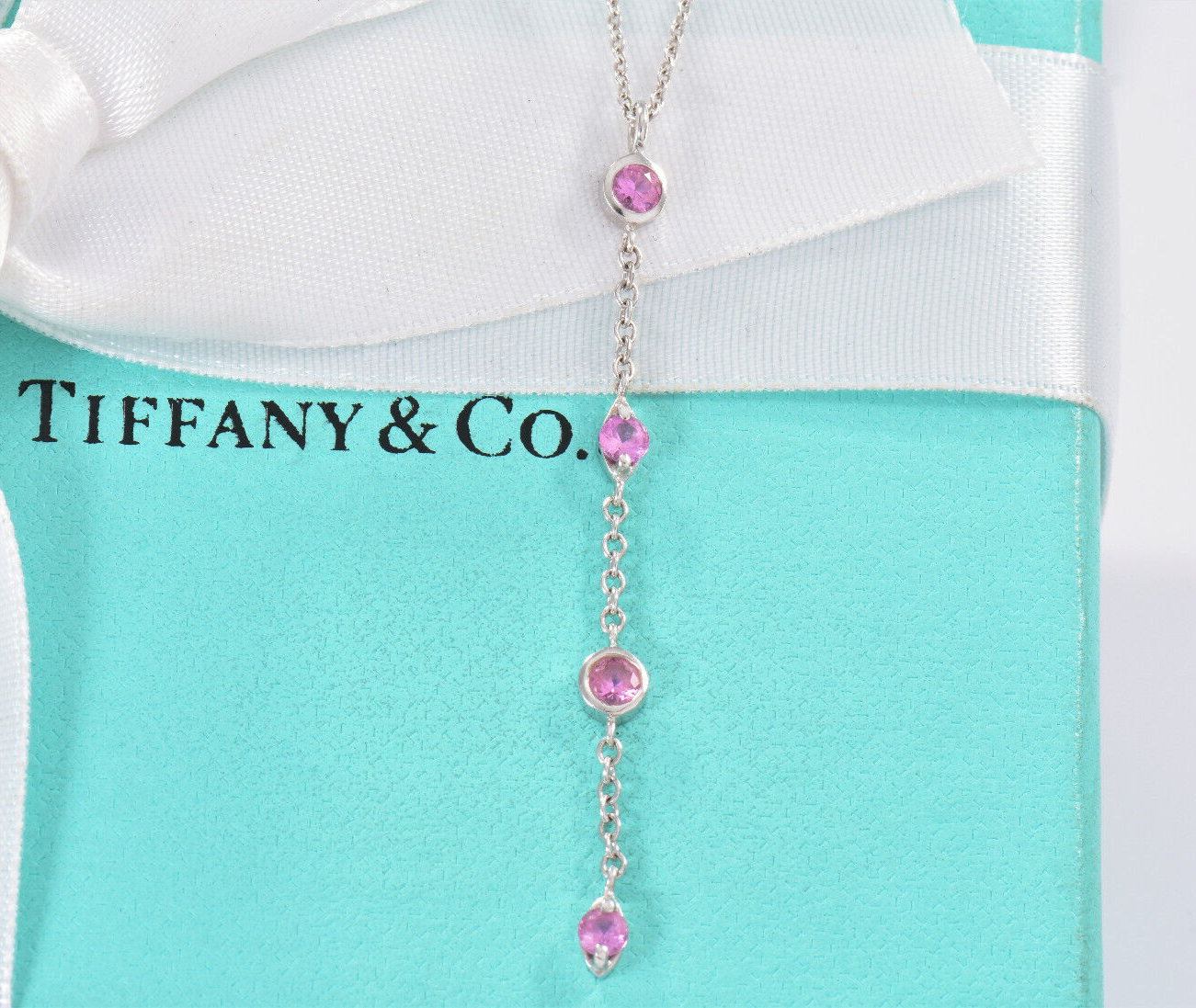 Tiffany & Co Pink Sapphire Chandelier 18K White Gold Drop Pendant Necklace Boxed