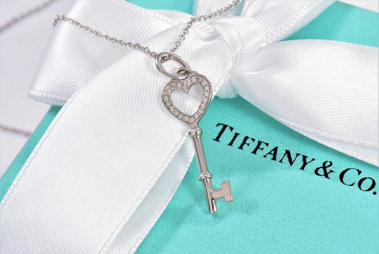 Tiffany & Co Diamond 18K White Gold Heart Key Pendant 18" Chain Necklace in Box