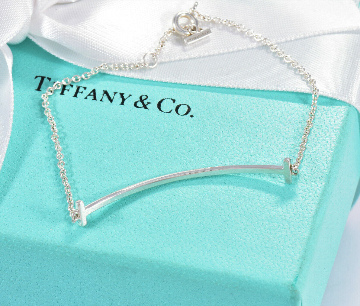 Tiffany & Co Sterling Silver T Smile Square Chain Bracelet in Box Pouch Rare