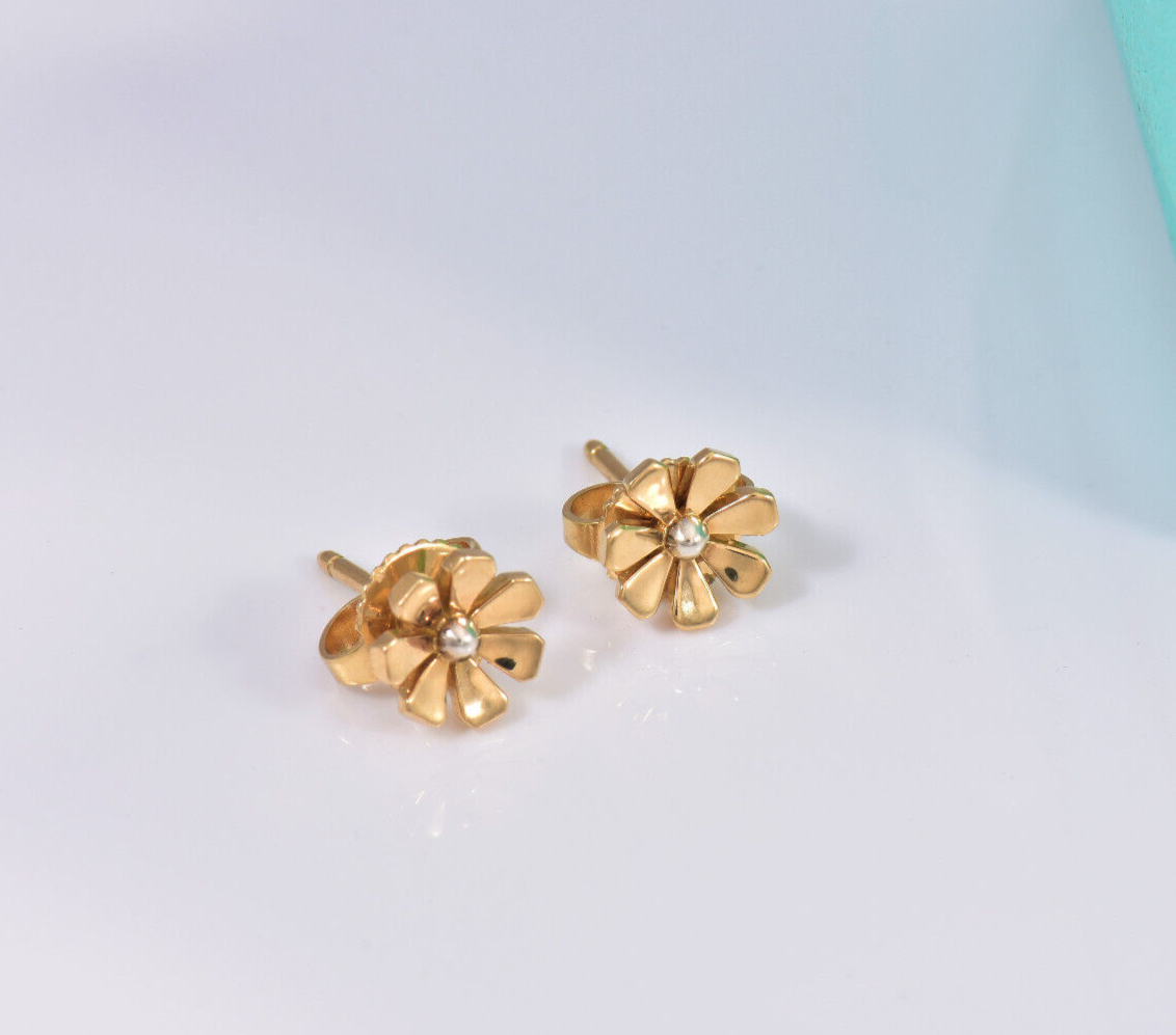 Tiffany & Co 18K Yellow Gold Silver Flower Love Bugs Daisy Earrings in Box Rare