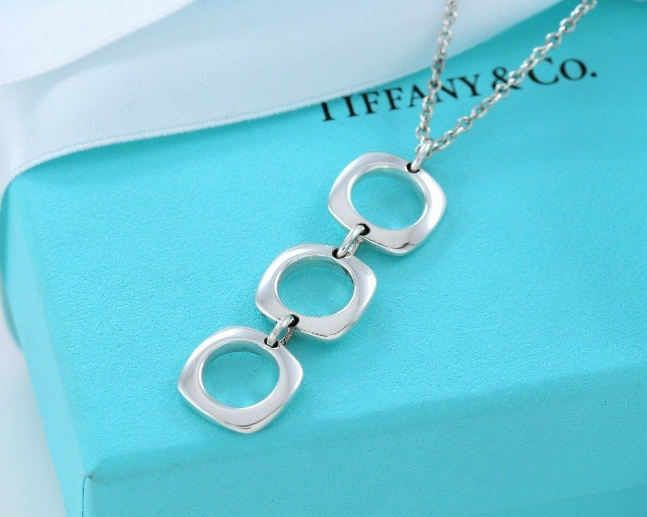 Tiffany & Co Silver Three Cushion Square Dangle Pendant Drop Necklace & Pouch