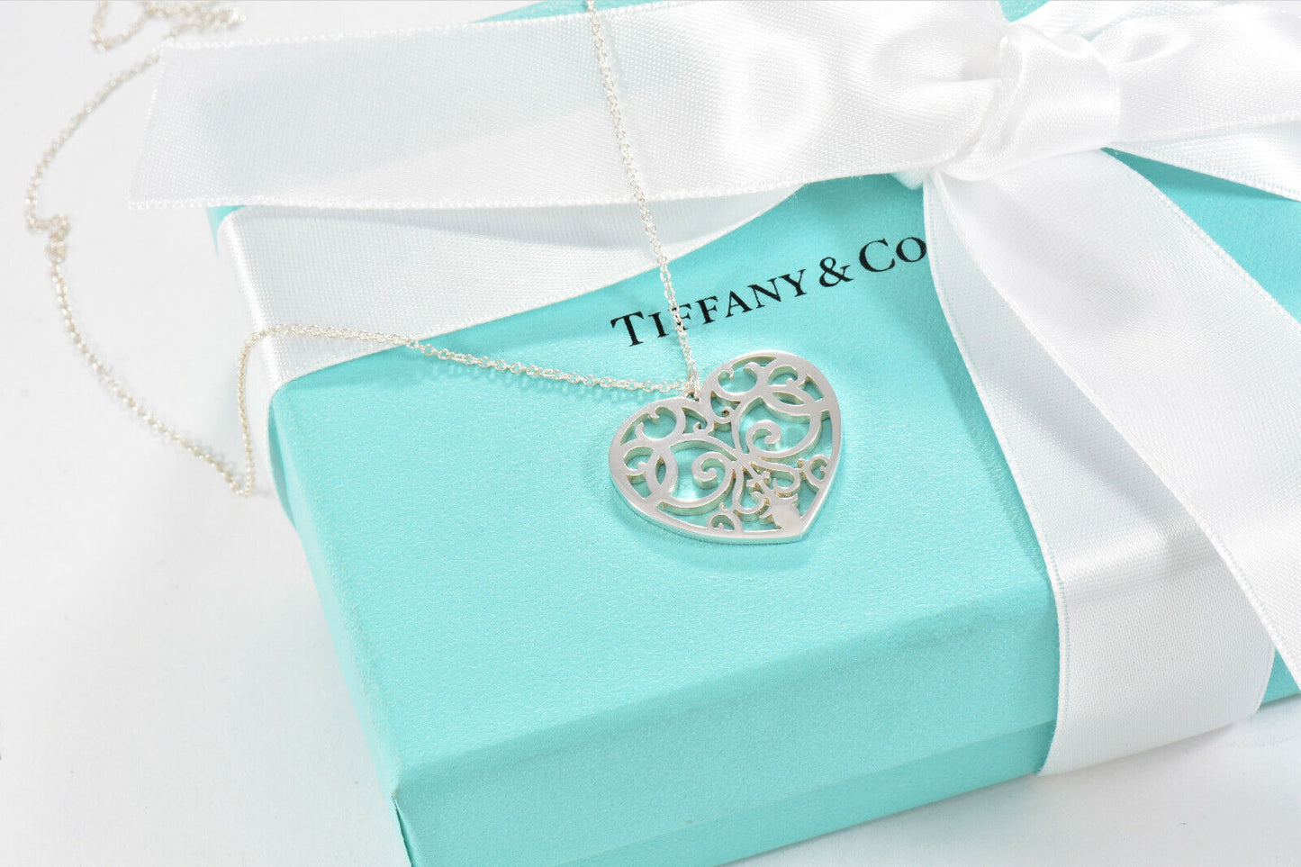 Tiffany & Co Silver Large Enchant Scroll Heart Pendant XL 20" Necklace & Pouch