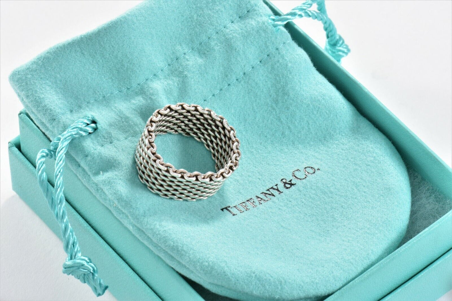 Tiffany & Co Somerset Sterling Silver Mesh Love Ring Sz 6.5 in Box Pouch Lovely