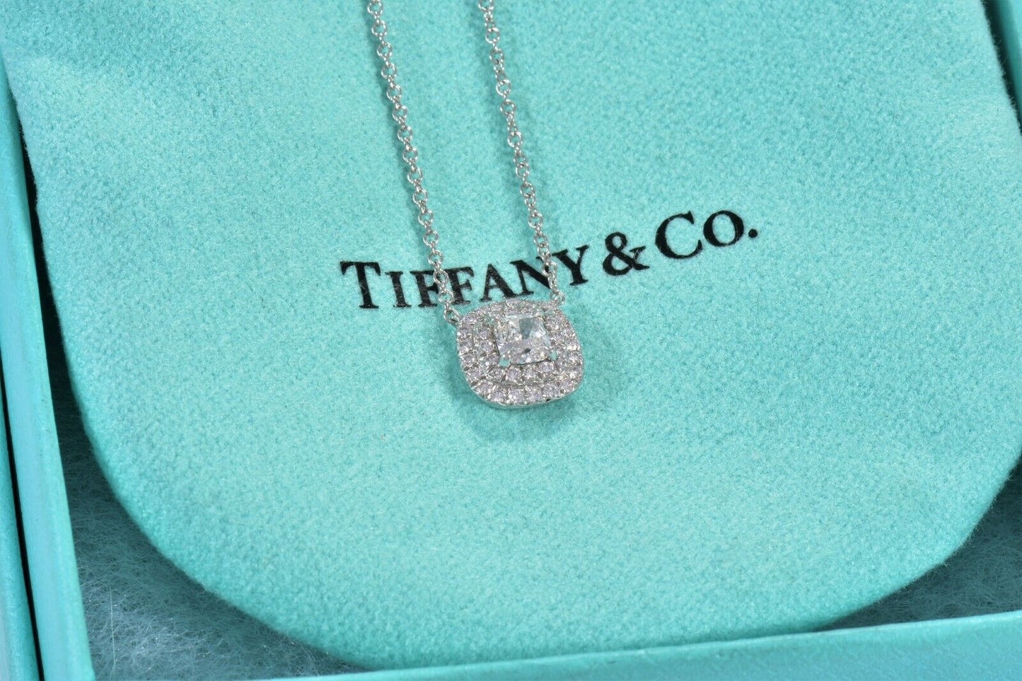 Tiffany & Co Platinum Diamond Soleste Cushion Pave Square Pendant Necklace Boxed