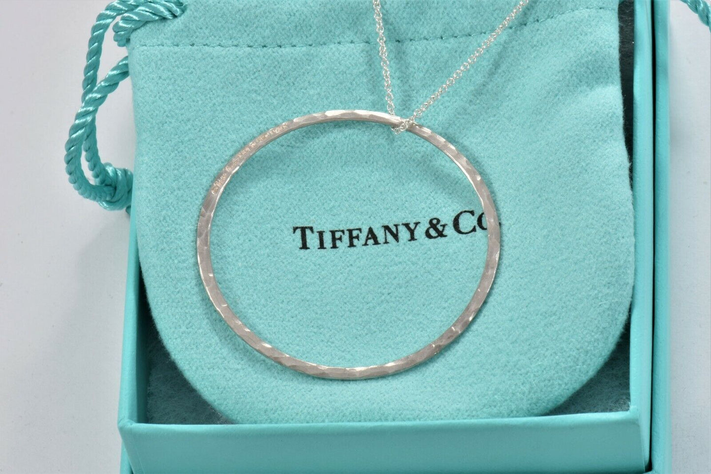 Tiffany & Co Silver Paloma Picasso Hammered Circle Ring Pendant Necklace & Pouch