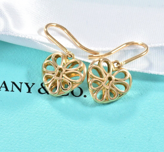 Tiffany & Co 18k Yellow Gold Filigree Heart Keyhole Hook Earrings in Box Pouch