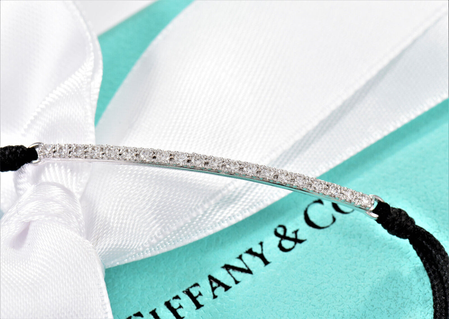 Tiffany & Co Diamond 18k White Gold Metro Bar Silk Cord 6” - 7.7” Bracelet Rare