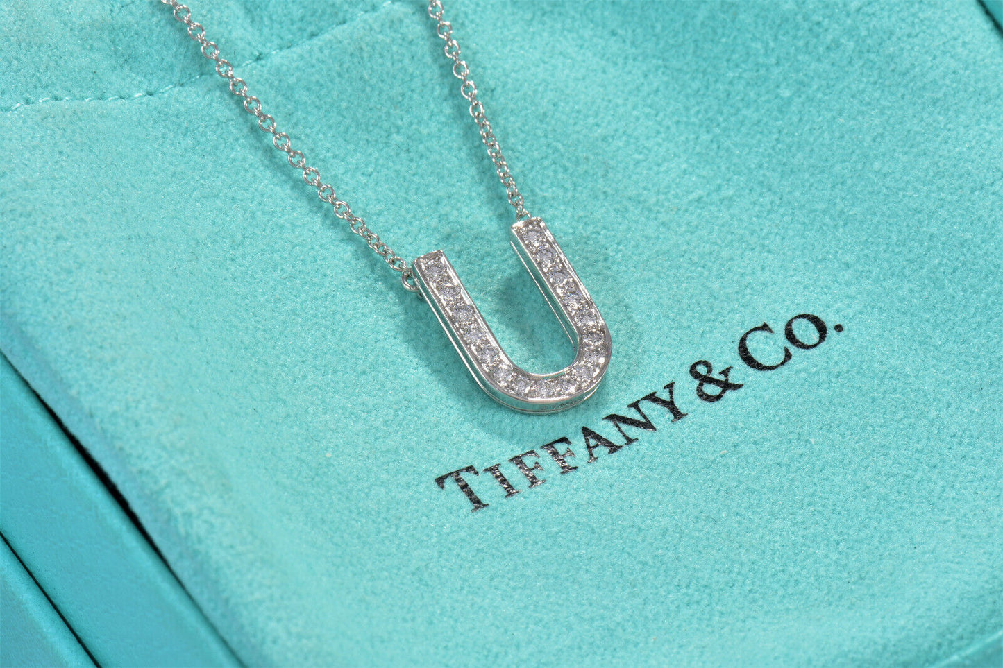 Tiffany & Co Platinum Diamond Large Letter U Pendant 16.5" Necklace In Box Pouch