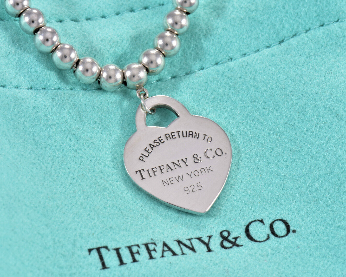 18.25" Please Return To Tiffany & Co Silver Heart Pendant Beaded Necklace Pouch