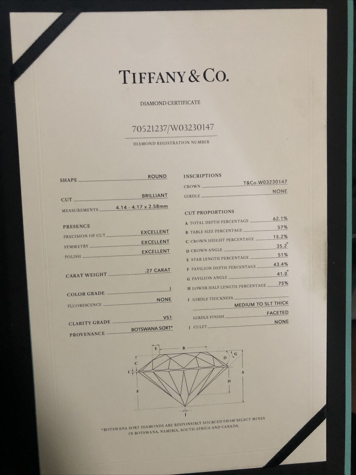 Tiffany & Co Platinum .27 ct Round Solitaire Diamond  Ring Size 5.5 in Box Pouch