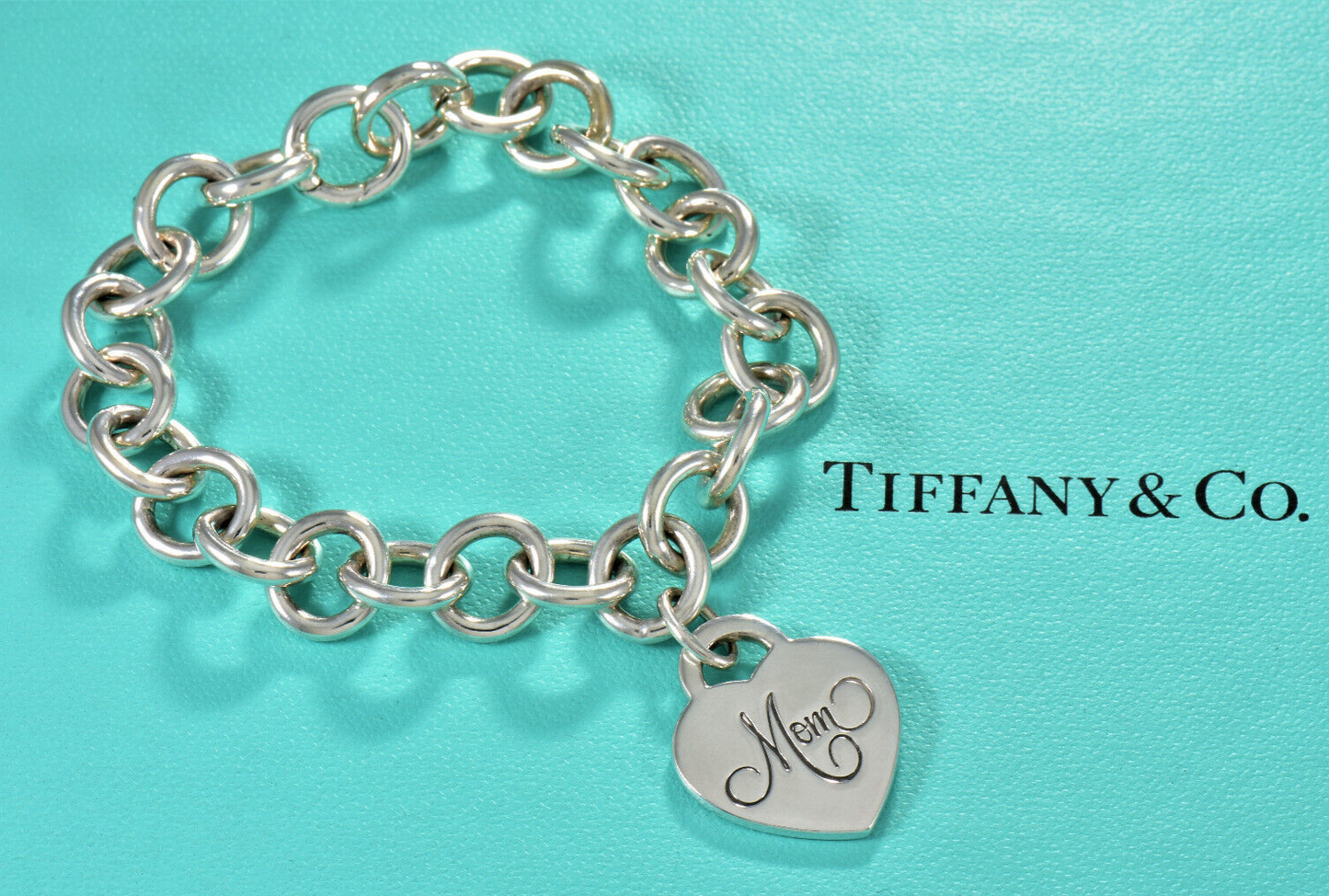 Tiffany & Co Silver Mom Heart Charm 7.75" Chain Bracelet & Box Pouch Lovely Rare