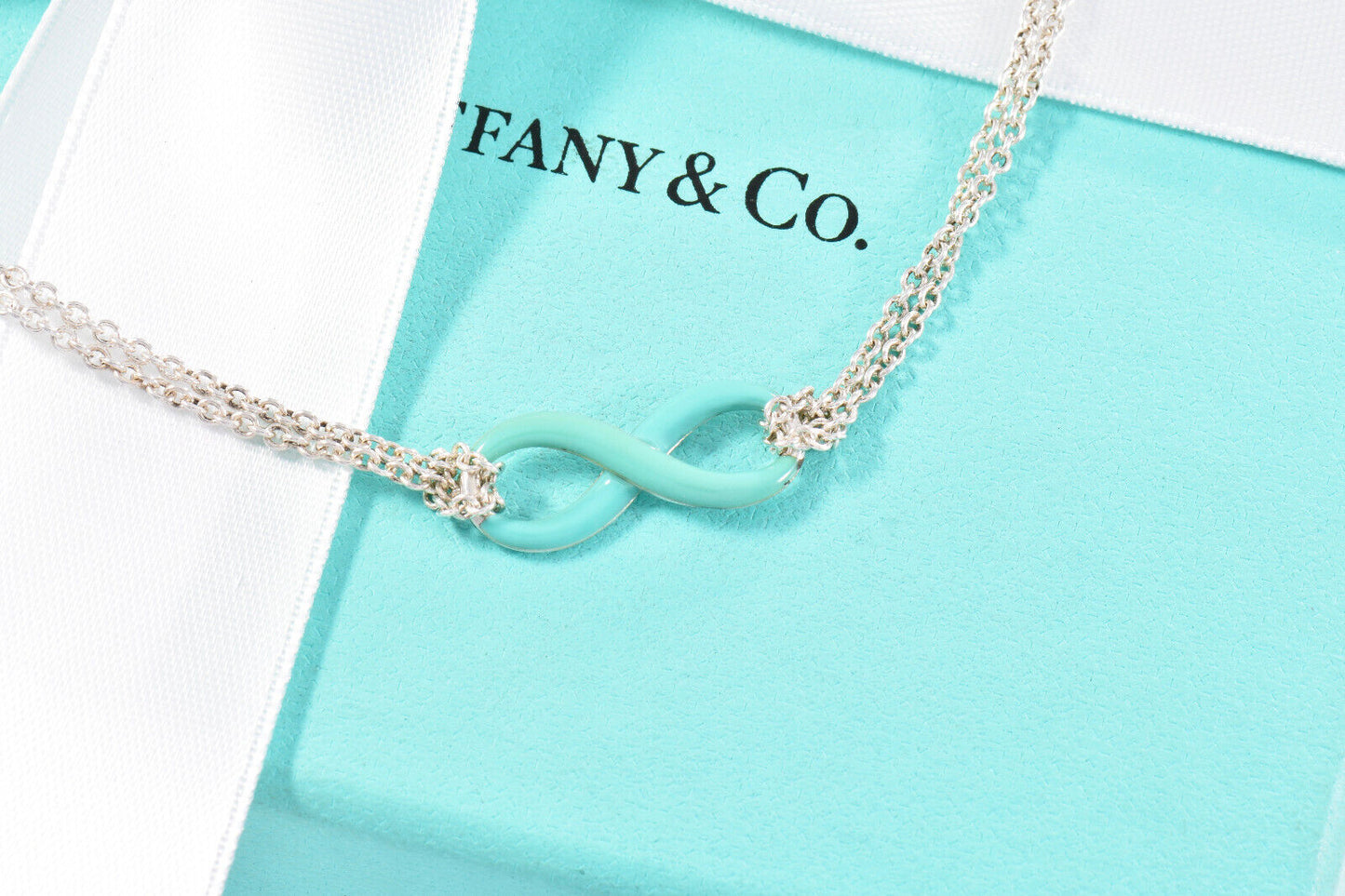 Tiffany & Co Silver Blue Enamel Infinity Pendant 18" Double Chain Necklace Boxed