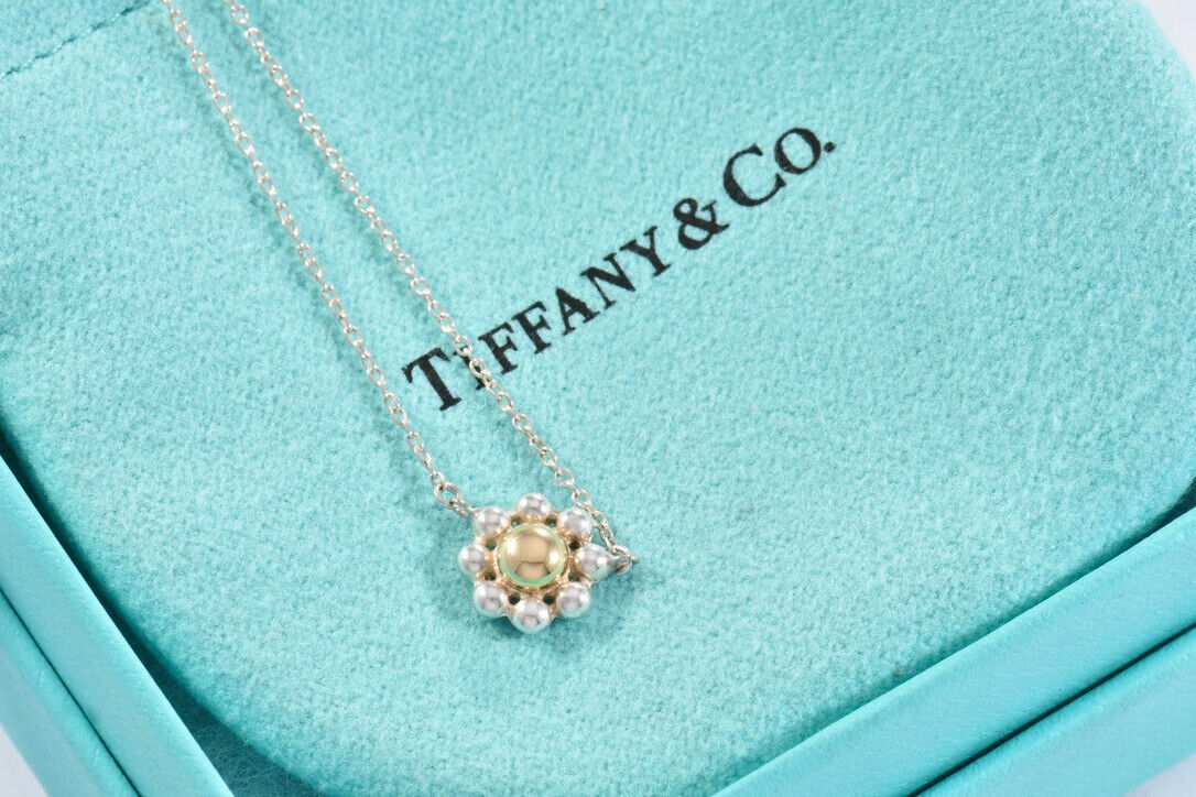 Tiffany & Co Gold Silver Jolie Bead Flower Pendant 16.75" Necklace in Pouch Rare