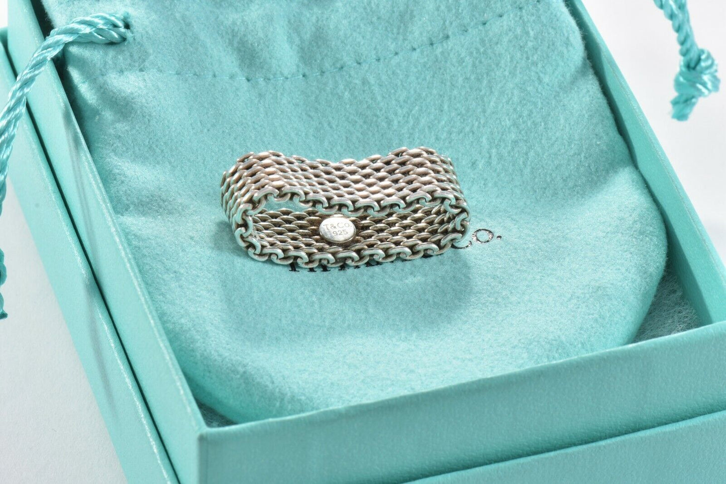 Tiffany & Co Somerset Sterling Silver Mesh Love Ring Sz 6.5 in Box Pouch Lovely