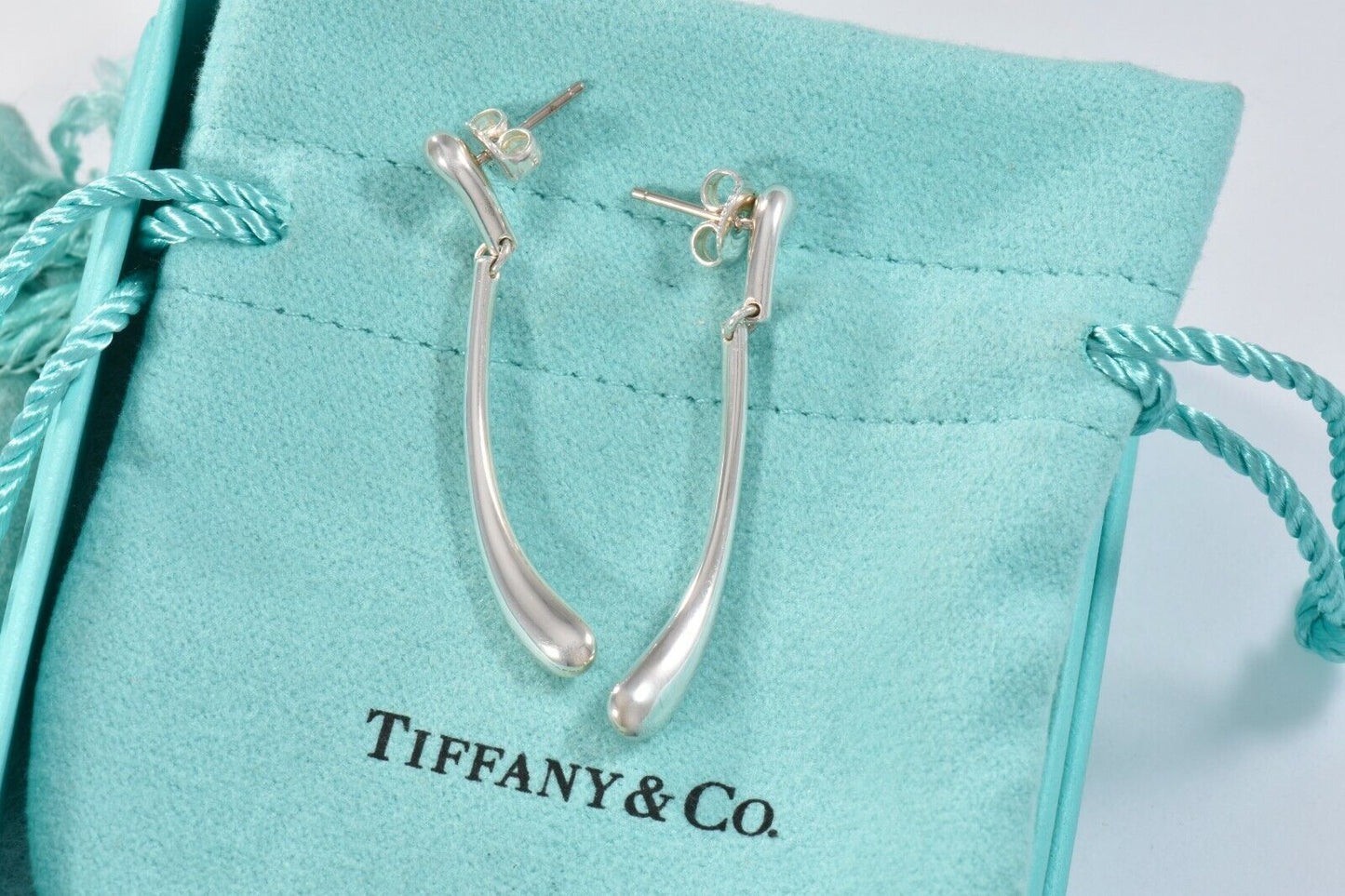 Tiffany & Co Elsa Peretti Sterling Silver Elongated Teardrop Dangling Earrings