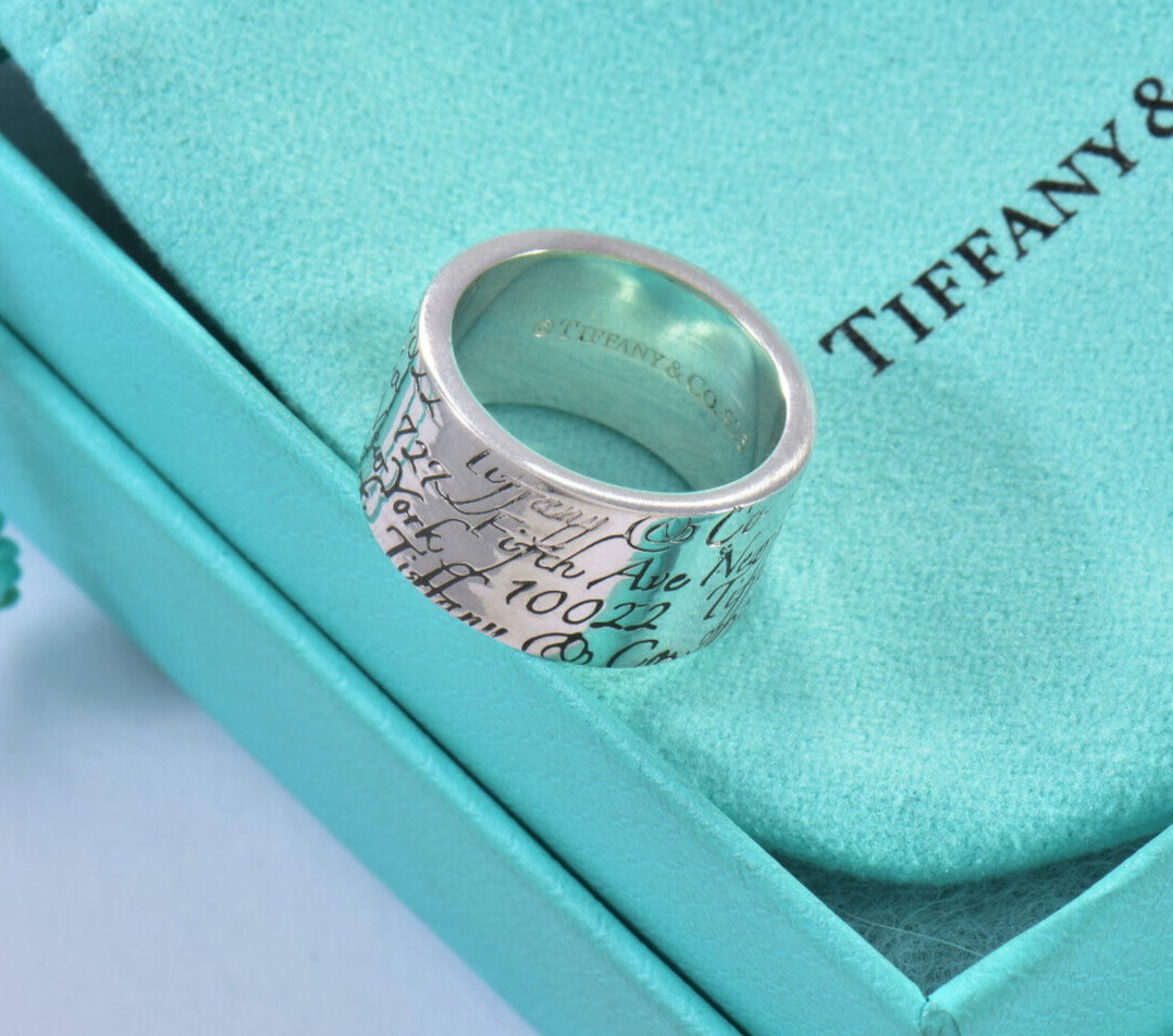 Tiffany & Co Silver Address Notes Script Wide Ring Size 8 in Box Pouch 10mm Band