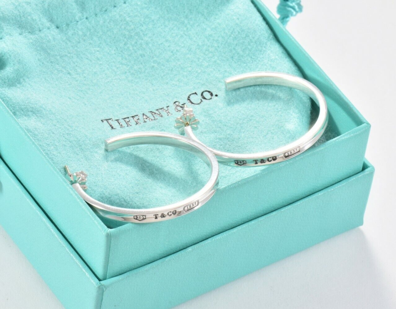 Tiffany & Co Sterling Silver 1837 34mm Large Narrow Hoop Earrings Boxed 3mm Rare