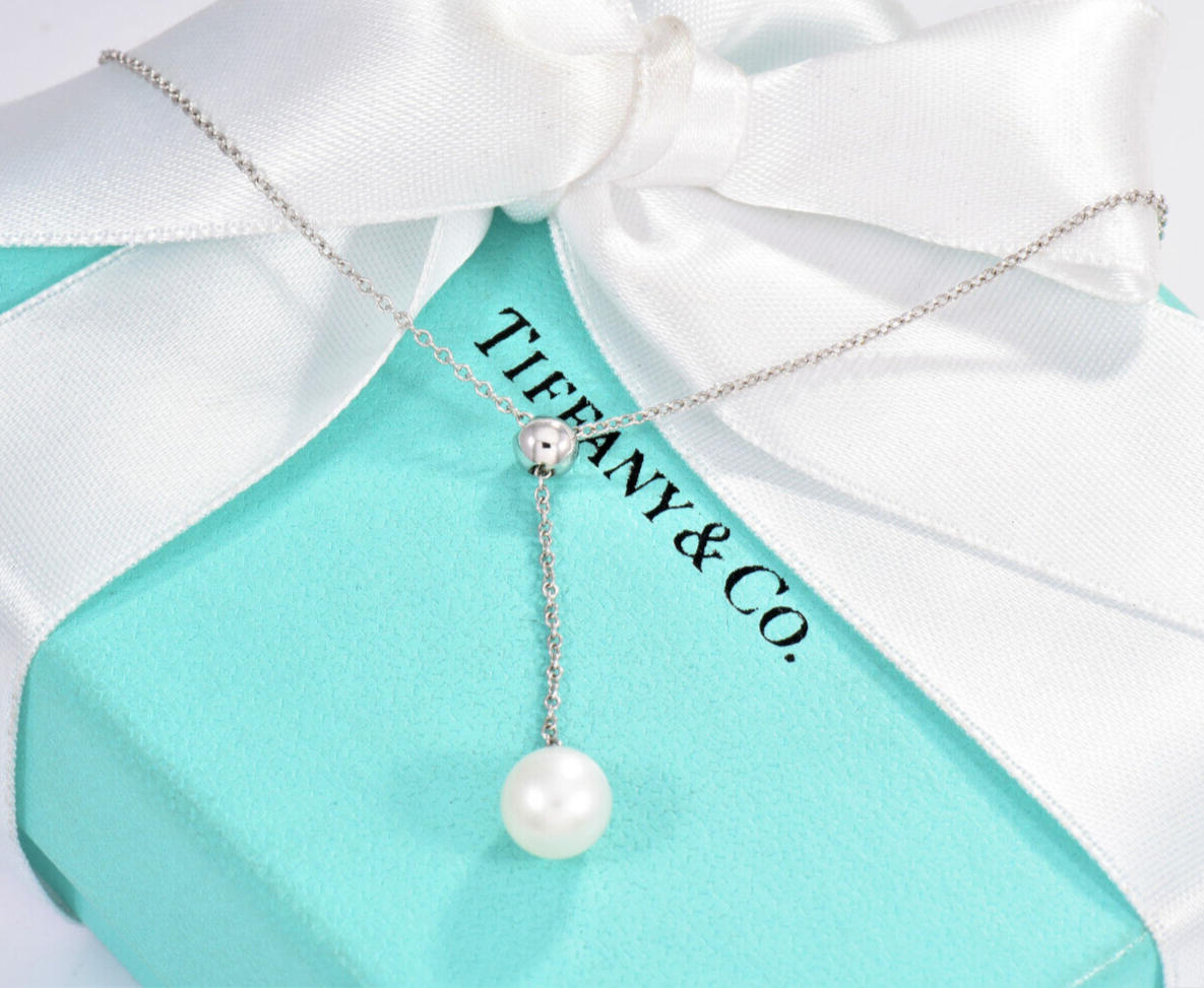 Tiffany & Co 18K White Gold Bead Pearl Drop Pendant Dangle Necklace in Box Pouch