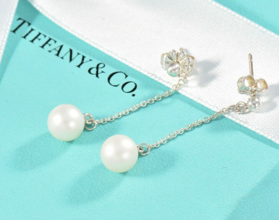 Tiffany & Co Sterling Silver Bead Pearl Drop Earrings in Box Pouch Dangle Rare