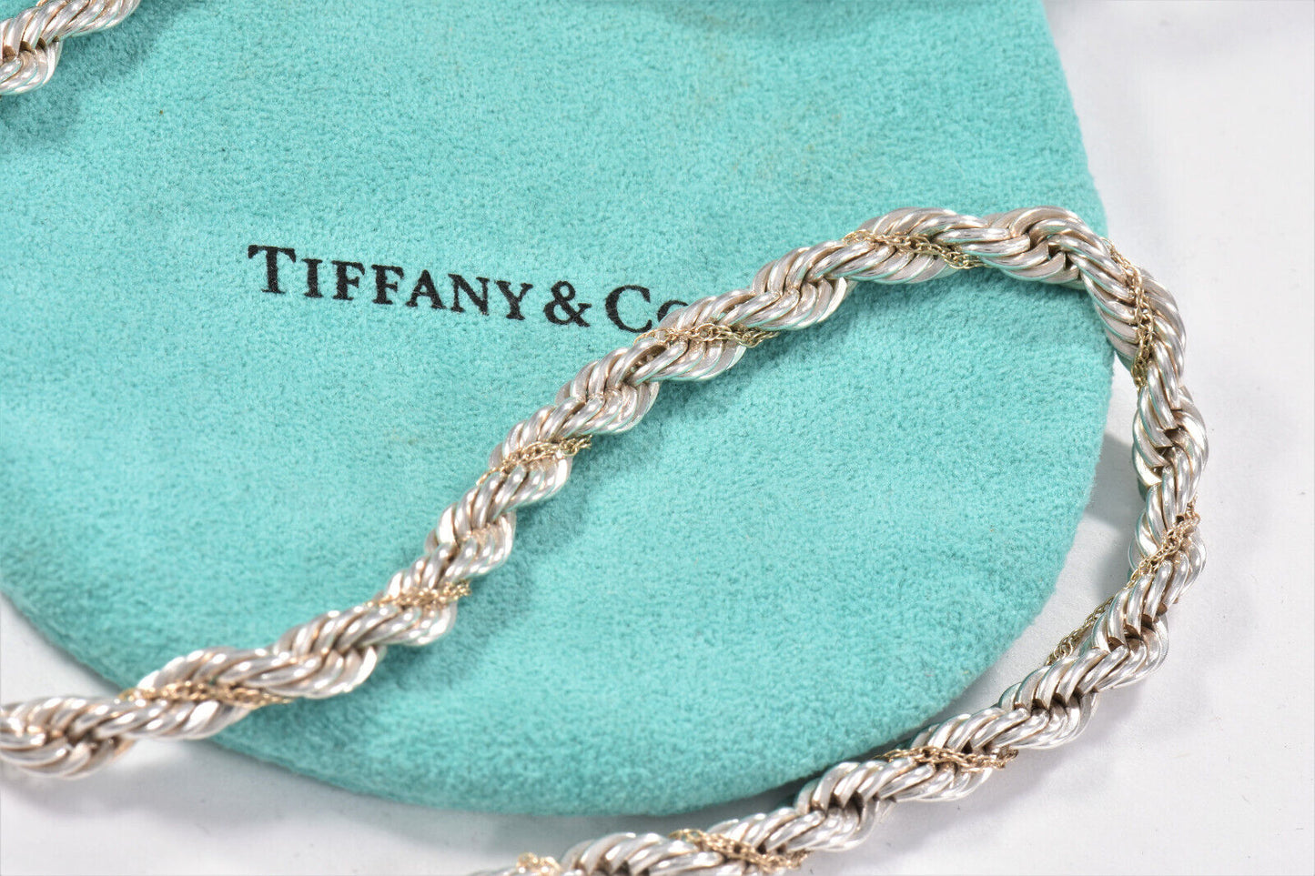 Tiffany & Co 18K Gold Silver 18" Rope Chain Necklace in Pouch Unisex Mens Twist