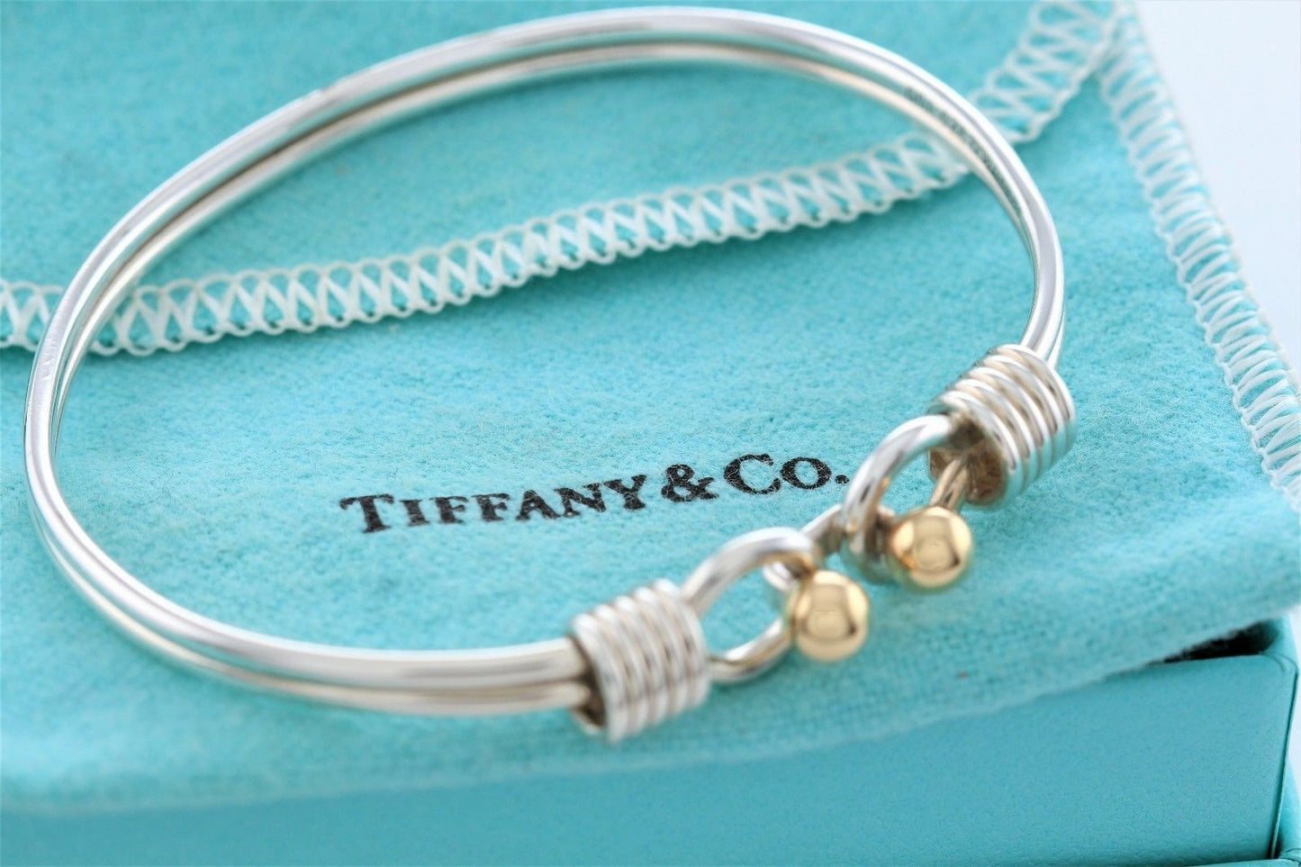 Vintage Tiffany & Co Silver 18K Gold Ball Coil Hook Bangle 6.6" Bracelet Cuff