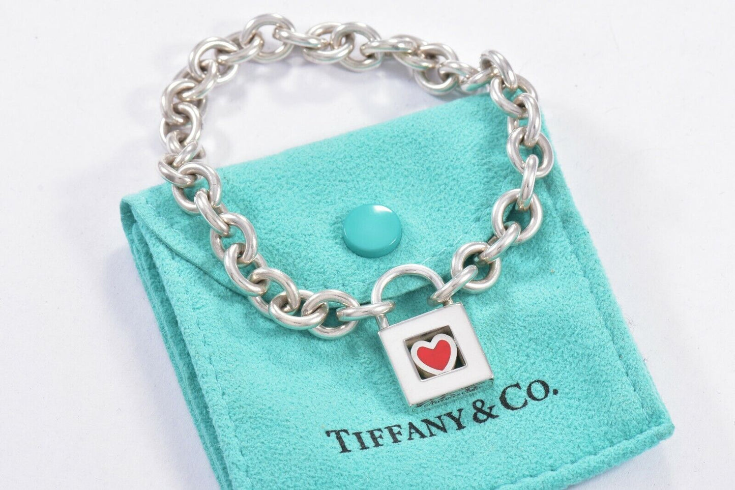 Tiffany & Co Sterling Silver Red Enamel Heart Lock 8" Chain Link Bracelet Rare