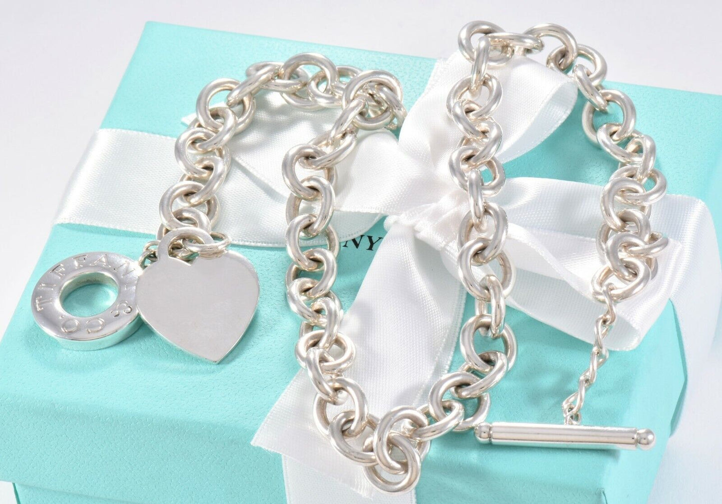 Tiffany & Co Silver Blank Heart Tag Engravable Toggle Chain Necklace 16.5" Pouch