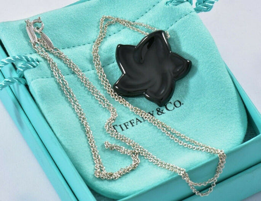 Tiffany & Co Silver Elsa Peretti Black Jade Star Pendant XL 30" Necklace in Box