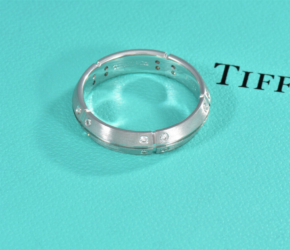 Tiffany & Co 18K White Gold Diamond Streamerica 5.5mm Wide Band Size 9.25 Ring