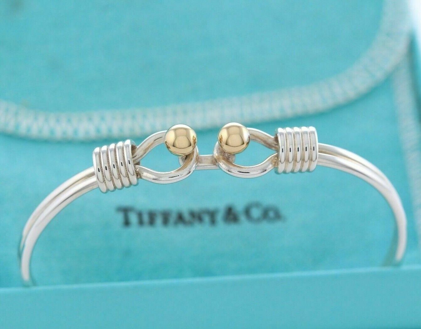 Vintage Tiffany & Co Silver 18K Gold Ball Coil Hook Bangle 6.6" Bracelet Cuff